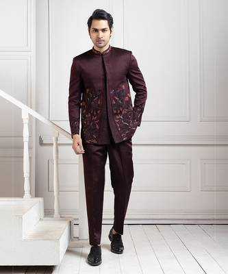 Embroidered wine bandhgala set 1