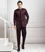 Embroidered wine bandhgala set