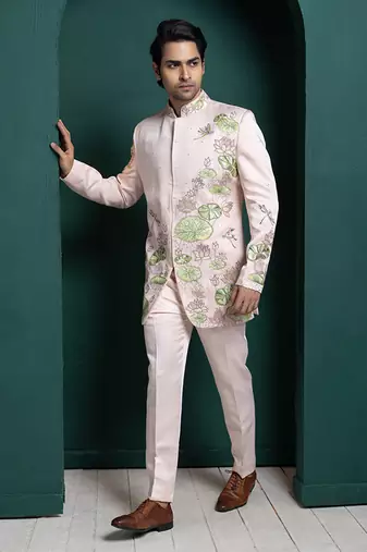 Pastel lotus embroidered bandhgala set