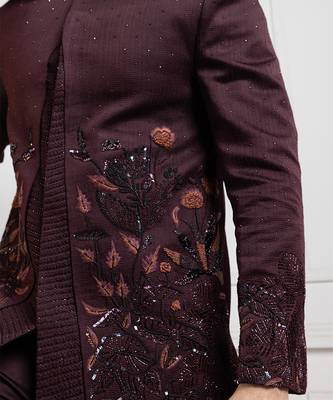 Embroidered wine bandhgala set 2