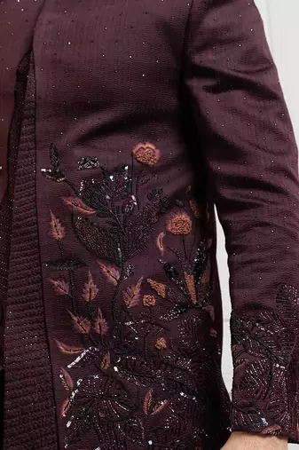 Embroidered wine bandhgala set