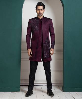 Plum asymmetric embroidered bandhgala 1