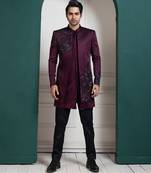 Plum asymmetric embroidered bandhgala