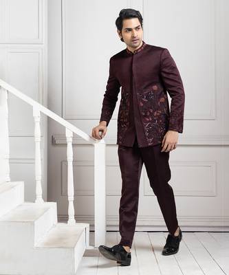 Embroidered wine bandhgala set 3