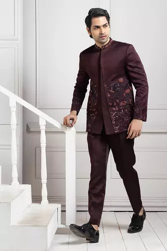 Embroidered wine bandhgala set