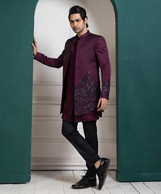 Plum asymmetric embroidered bandhgala 2