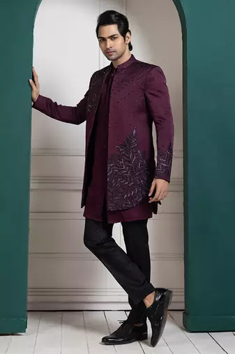 Plum asymmetric embroidered bandhgala