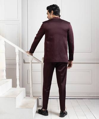 Embroidered wine bandhgala set 4