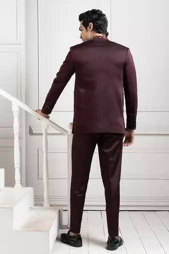Embroidered wine bandhgala set