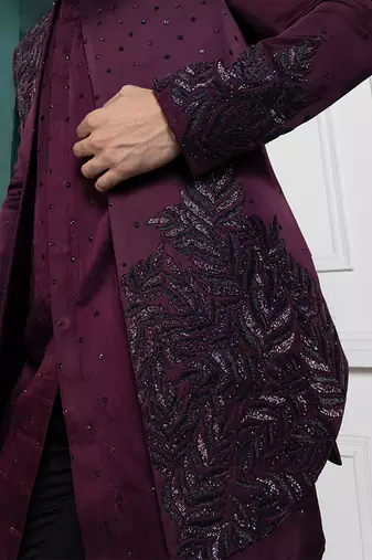 Plum asymmetric embroidered bandhgala