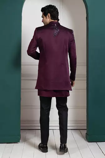 Plum asymmetric embroidered bandhgala