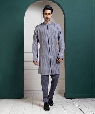 Silver intricate embroidered kurta set 1