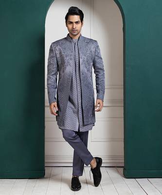 Silver intricate embroidered sherwani and kurta set 1