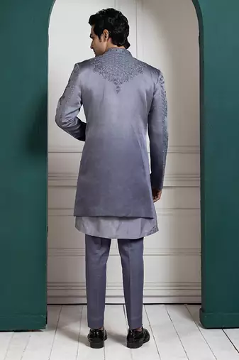 Silver intricate embroidered sherwani and kurta set