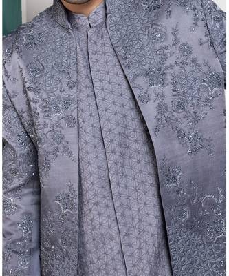 Silver intricate embroidered sherwani and kurta set 4