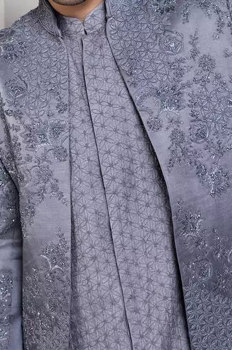 Silver intricate embroidered sherwani and kurta set