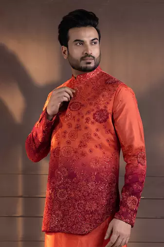 Sunset bloom embroidered nehru and kurta set