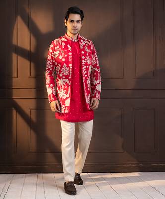 Crimson palm grove embroidered nehru jacket 1