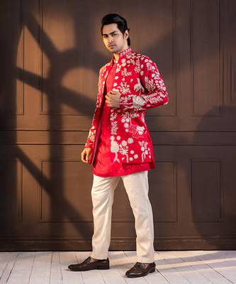Crimson palm grove embroidered nehru jacket 3