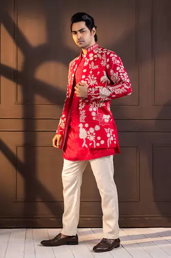 Crimson palm grove embroidered nehru jacket