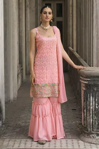Faux georgette light pink embroidered Salwar Kameez