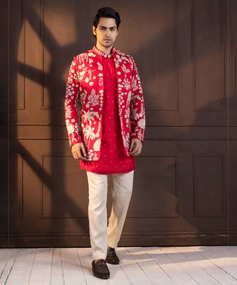 Crimson palm grove embroidered nehru and kurta set 1