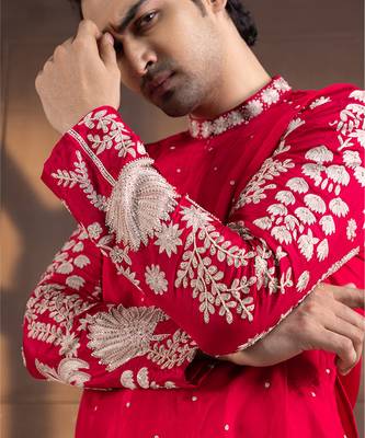Crimson palm grove embroidered nehru and kurta set 2