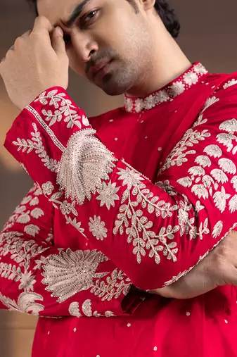 Crimson palm grove embroidered nehru and kurta set