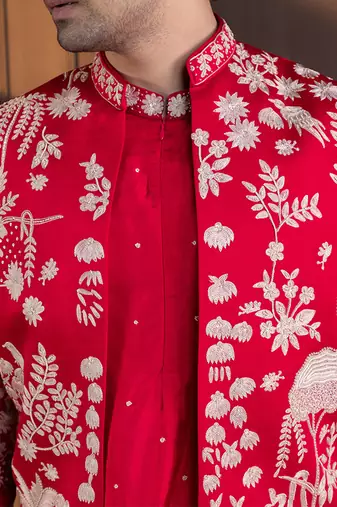 Crimson palm grove embroidered nehru and kurta set