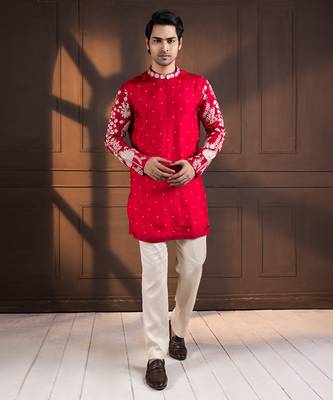 Crimson palm grove embroidered nehru and kurta set 5