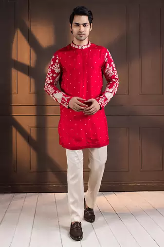 Crimson palm grove embroidered nehru and kurta set