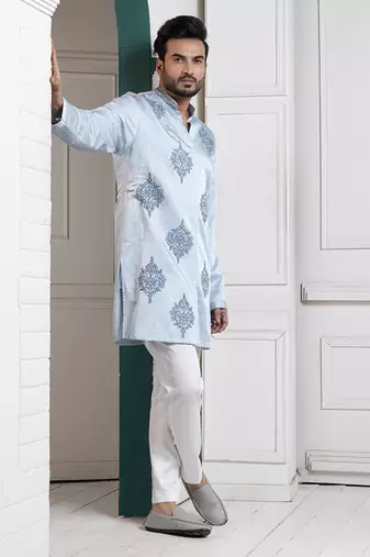 Regal sky blue embroidered men's kurta set