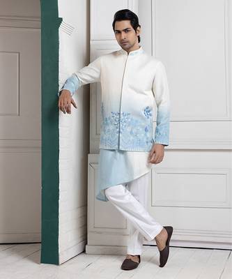 Ivory-sky ombre embroidered nehru and kurta set 1
