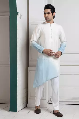 Ivory-sky ombre embroidered nehru and kurta set