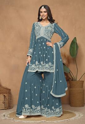 Embroidered teal faux georgette salwar kameez 1