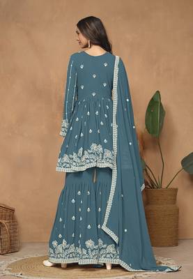 Embroidered teal faux georgette salwar kameez 2