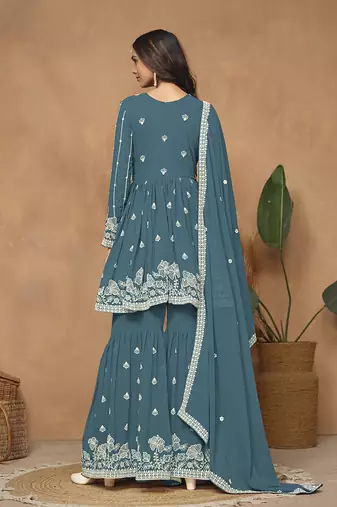 Embroidered teal faux georgette salwar kameez