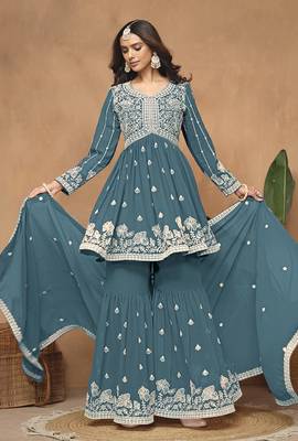 Embroidered teal faux georgette salwar kameez 3