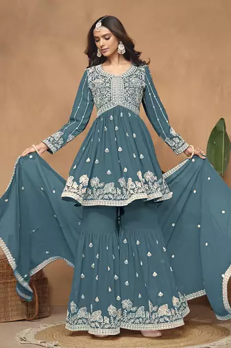 Embroidered teal faux georgette salwar kameez