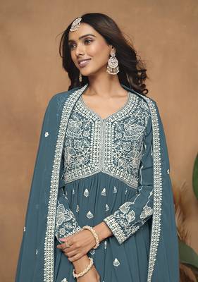 Embroidered teal faux georgette salwar kameez 4