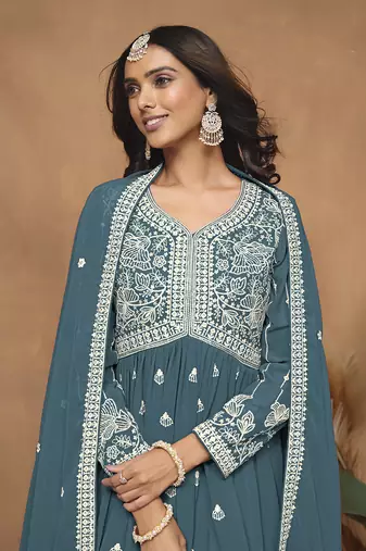 Embroidered teal faux georgette salwar kameez