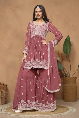 Embroidered rose pink faux georgette salwar kameez 1