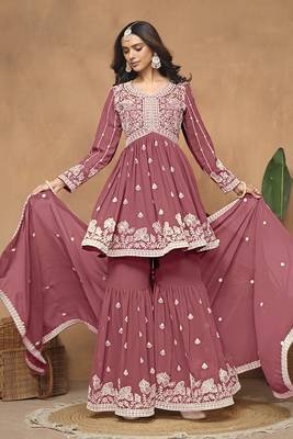 Embroidered rose pink faux georgette salwar kameez 3