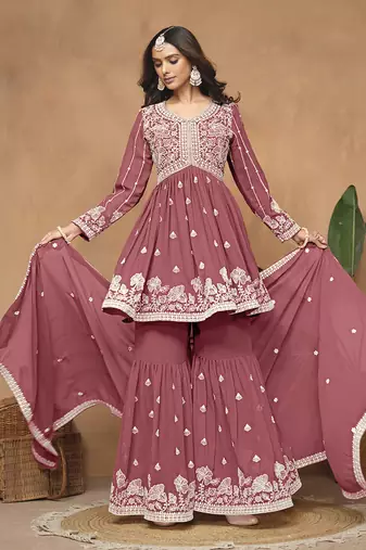 Embroidered rose pink faux georgette salwar kameez