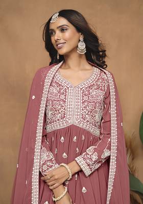 Embroidered rose pink faux georgette salwar kameez 4