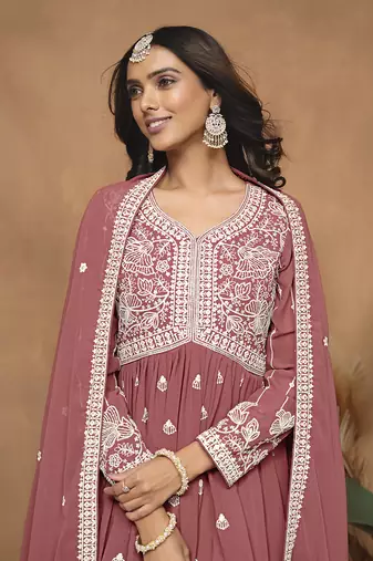 Embroidered rose pink faux georgette salwar kameez