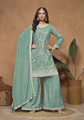 Turquoise chinon embroidered salwar kameez 1