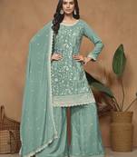 Turquoise chinon embroidered salwar kameez