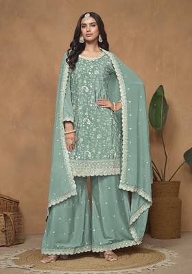 Turquoise chinon embroidered salwar kameez 2