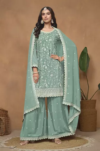 Turquoise chinon embroidered salwar kameez